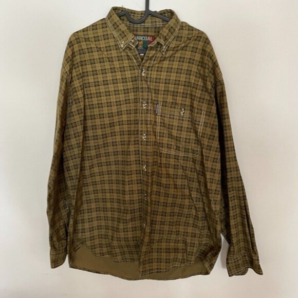 Charcoal Button Down Shirt Long Sleeve Collar Neck Plaid Pattern Green Brown M L - Picture 3 of 6